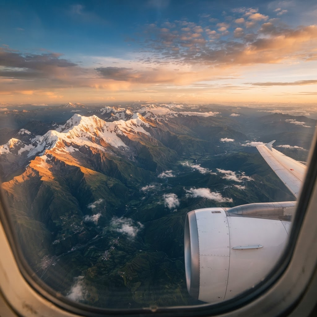 Vista desde la ventana de un avión sobre los Andes peruanos al atardecer